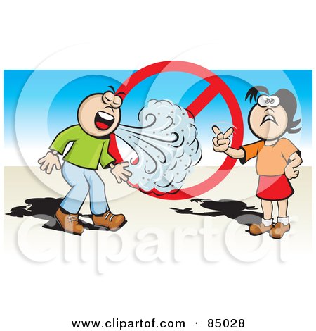 Royalty-Free (RF) Clipart Illustration of a Girl Holding Up Her Hand To Block A Man's Sneeze, With A Prohibited Sign by David Rey