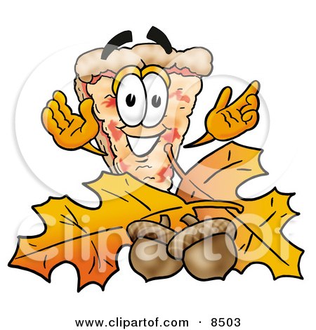 Clipart Picture of a Slice of Pizza Mascot Cartoon Character With Autumn Leaves and Acorns in the Fall by Mascot Junction