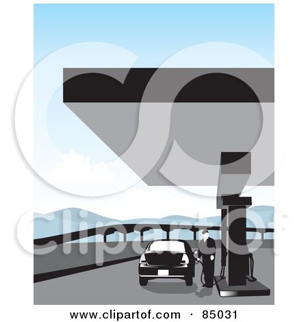 Royalty-Free (RF) Clipart Illustration of a Man Standing And Pumping Gas Into A Car At A Station by David Rey