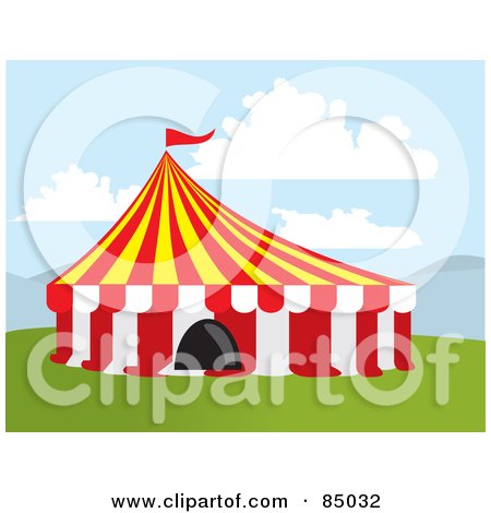 Royalty-Free (RF) Clipart Illustration of a Big Top Circus Tent On Grass Under The Clouds by David Rey