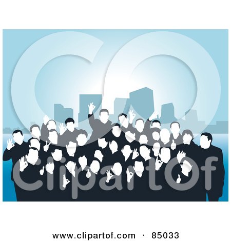 Royalty-Free (RF) Clipart Illustration of a Happy Group Of Faceless People Posing And Gesturing The A Ok Symbol Over Blue by David Rey