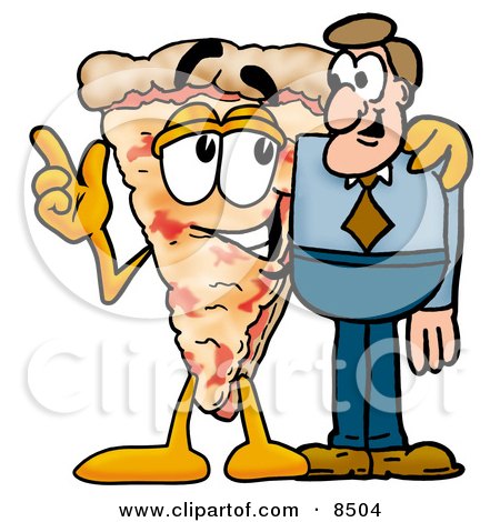 Clipart Picture of a Slice of Pizza Mascot Cartoon Character Talking to a Business Man by Mascot Junction