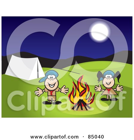 Royalty-Free (RF) Clipart Illustration of a Boy And Girl Scout Standing By A Campfire At Night by David Rey