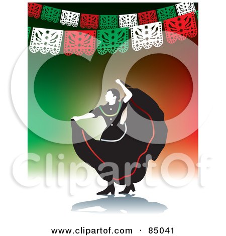 Royalty-Free (RF) Clipart Illustration of a Graceful Mexican Folk Dancer Under Banners On Green And Red by David Rey