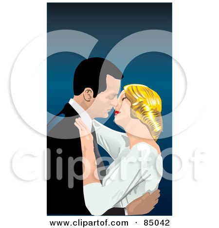 Royalty-Free (RF) Clipart Illustration of a Romantic Couple Embracing And Closing In On A Kiss by David Rey