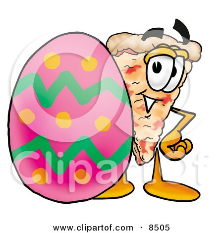 Clipart Picture of a Slice of Pizza Mascot Cartoon Character Standing Beside an Easter Egg by Mascot Junction