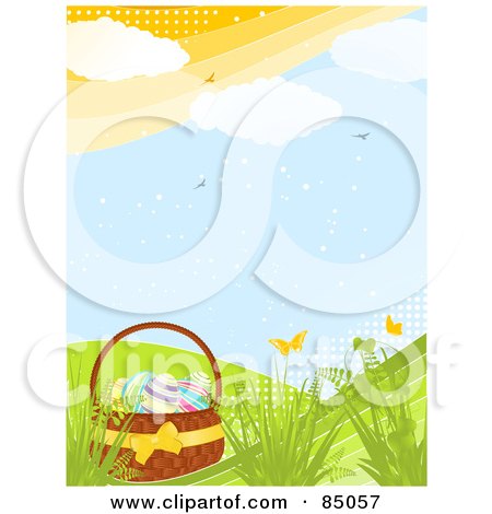Royalty-Free (RF) Clipart Illustration of an Easter Basket With Eggs On A Green Spring Hill With Butterflies, Birds And Plants, With Halftone Dots by elaineitalia