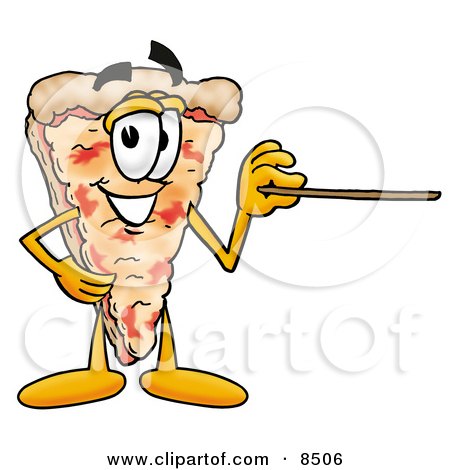 Clipart Picture of a Slice of Pizza Mascot Cartoon Character Holding a Pointer Stick by Mascot Junction