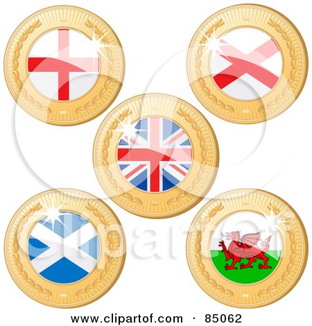 Royalty-Free (RF) Clipart Illustration of a Digital Collage Of 3d Golden Shiny England, United Kingdom, Northern Ireland, Scotland And Welsh Medals by elaineitalia