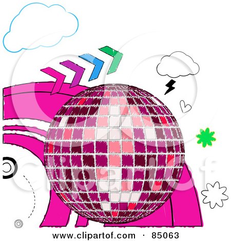 Royalty-Free (RF) Clipart Illustration of a Sketched Pink Disco Ball With Colorful Arrows, Hearts And Clouds by elaineitalia