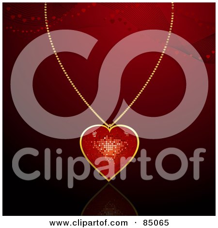 Royalty-Free (RF) Clipart Illustration of a Gold And Red Heart Pendant On A Golden Chain Over Red, With Mesh Waves And Hearts by elaineitalia