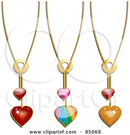 Set of 3 Valentine Heart necklaces Digital Collage Of Red, Rainbow And Golden Heart Pendants On Chains by elaineitalia