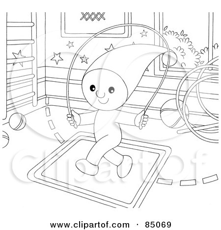 Royalty-Free (RF) Clipart Illustration of an Outlined Little Elf Jumping Rope In A Play Room by Alex Bannykh