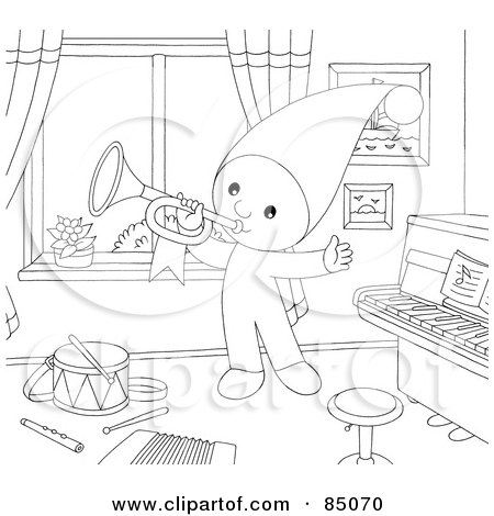 Royalty-Free (RF) Clipart Illustration of an Outlined Little Elf Playing A Horn In A Music Room by Alex Bannykh