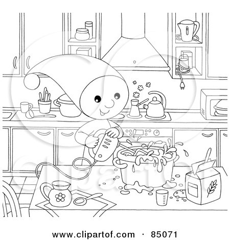 Royalty-Free (RF) Clipart Illustration of an Outlined Little Elf Using A Mixer While Baking In A Kitchen by Alex Bannykh