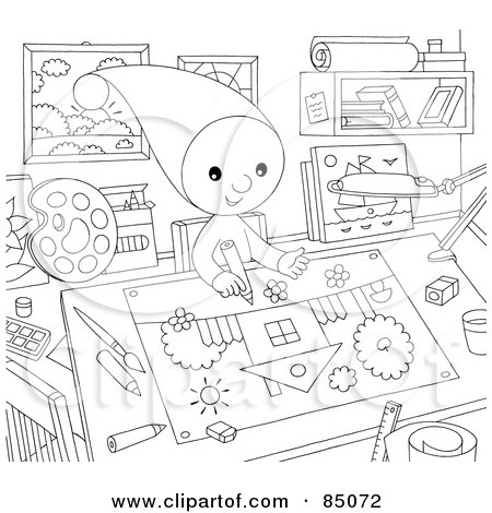 Royalty-Free (RF) Clipart Illustration of an Outlined Little Elf Drawing In An Art Room by Alex Bannykh