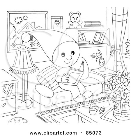 Royalty-Free (RF) Clipart Illustration of an Outlined Little Elf Reading A Book In A Living Room by Alex Bannykh