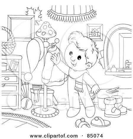 Royalty-Free (RF) Clipart Illustration of an Outlined Little Boy Reaching For A Coat On A Rack by Alex Bannykh