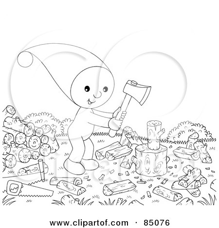 Royalty-Free (RF) Clipart Illustration of an Outlined Little Elf Chopping Wood Outdoors by Alex Bannykh