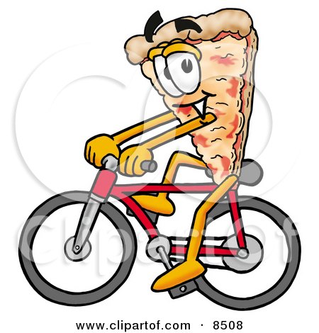 Clipart Picture of a Slice of Pizza Mascot Cartoon Character Riding a Bicycle by Mascot Junction