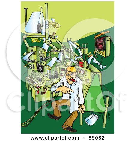Royalty-Free (RF) Clipart Illustration of a Crazy Man Working In A Wacky Factory On Green by Snowy