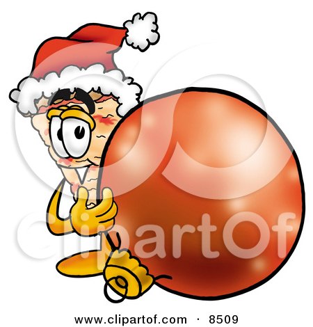 Clipart Picture of a Slice of Pizza Mascot Cartoon Character Wearing a Santa Hat, Standing With a Christmas Bauble by Mascot Junction
