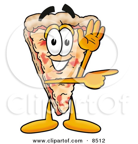 Clipart Picture of a Slice of Pizza Mascot Cartoon Character Waving and Pointing by Mascot Junction