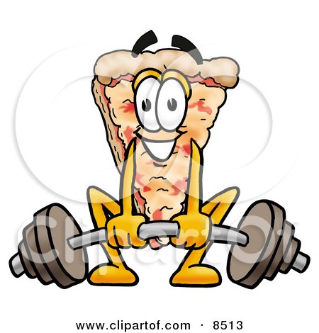Clipart Picture of a Slice of Pizza Mascot Cartoon Character Lifting a Heavy Barbell by Mascot Junction