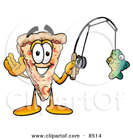 Clipart Picture of a Slice of Pizza Mascot Cartoon Character Holding a Fish on a Fishing Pole by Mascot Junction