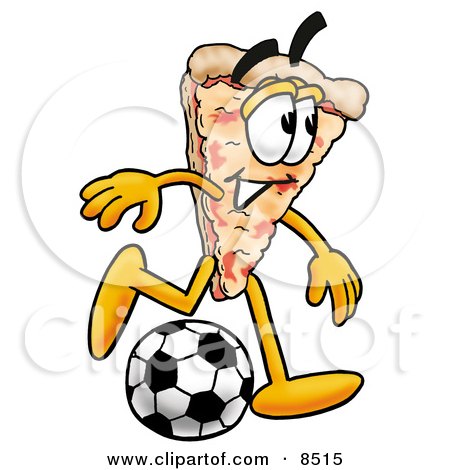 Clipart Picture of a Slice of Pizza Mascot Cartoon Character Kicking a Soccer Ball by Mascot Junction