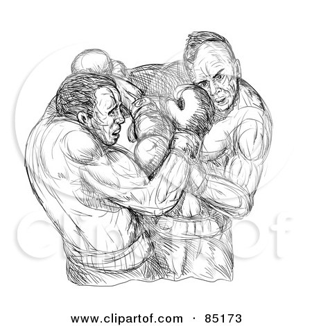 Royalty-Free (RF) Clipart Illustration of a Sketch Of Two Male Boxers Throwing Punches by patrimonio