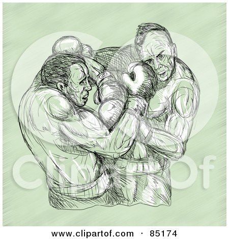 Royalty-Free (RF) Clipart Illustration of a Green Toned Sketch Of Two Fighting Male Boxers by patrimonio