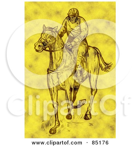 Royalty-Free (RF) Clipart Illustration of a Yellow Sketched Jockey On A Race Horse by patrimonio