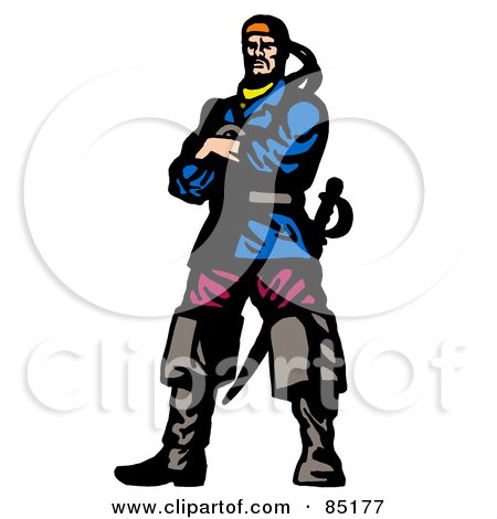 Royalty-Free (RF) Clipart Illustration of a Tough Male Pirate Standing With His Arms Crossed, A Sword Behind Him by patrimonio