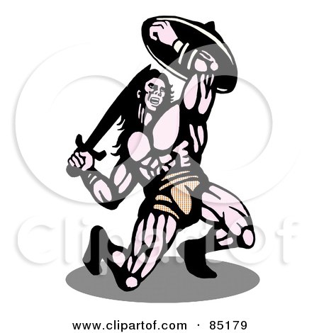 Royalty-Free (RF) Clipart Illustration of a Kneeling Warrior Holding A Shield And Sword by patrimonio
