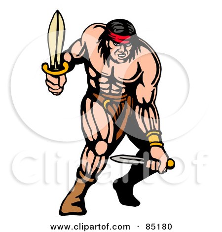 Royalty-Free (RF) Clipart Illustration of a Strong Warrior Fighting With Two Daggers by patrimonio