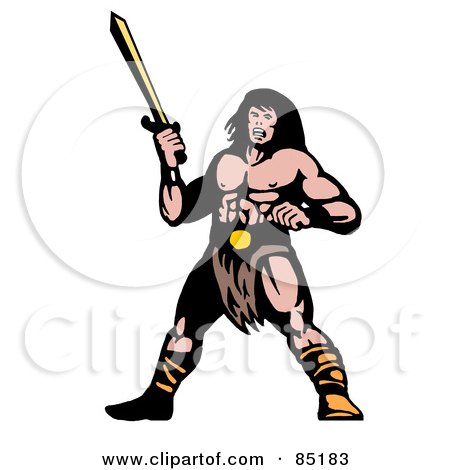 Royalty-Free (RF) Clipart Illustration of a Buff Warrior With A Sword by patrimonio