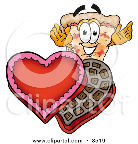 Clipart Picture of a Slice of Pizza Mascot Cartoon Character With an Open Box of Valentines Day Chocolate Candies by Mascot Junction