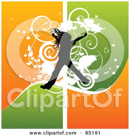 Royalty-Free (RF) Clipart Picture of a Girl Silhouette Jumping Over A Grungy Orange And Green Background by MilsiArt