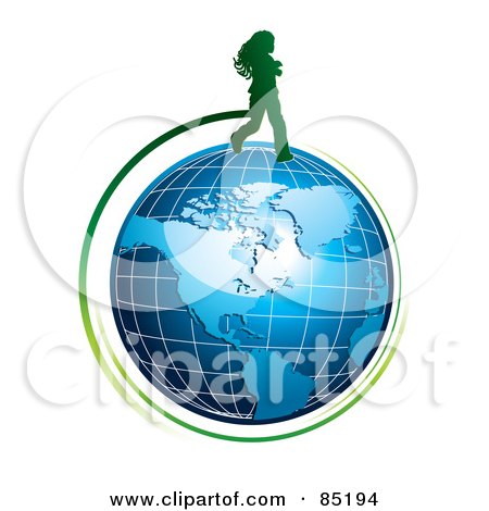 Royalty-Free (RF) Clipart Picture of a Green Girl Silhouette Running Over A Blue Grid Globe by MilsiArt