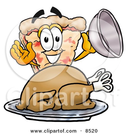 Clipart Picture of a Slice of Pizza Mascot Cartoon Character Serving a Thanksgiving Turkey on a Platter by Mascot Junction