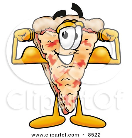 Clipart Picture of a Slice of Pizza Mascot Cartoon Character Flexing His Arm Muscles by Mascot Junction