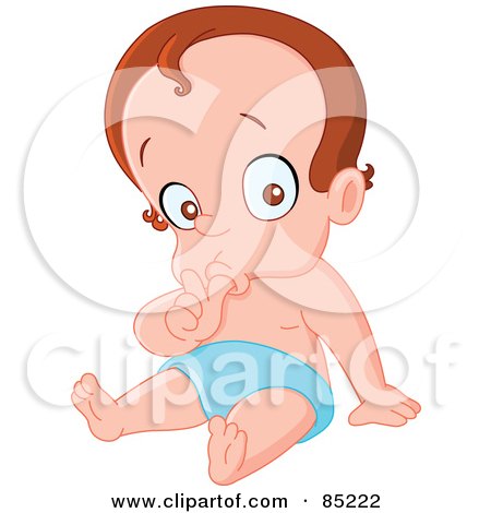 Royalty-Free (RF) Clipart Illustration of a Brunette Baby Boy Sucking His Thumb And Sitting In A Diaper by yayayoyo