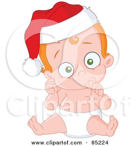 Royalty-Free (RF) Clipart Illustration of a Christmas Baby In A Diaper, Wearing A Santa Hat And Sucking His Thumb by yayayoyo