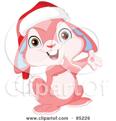 Royalty-Free (RF) Clipart Illustration of a Cute Pink Christmas Bunny Wearing A Santa Hat And Presenting by yayayoyo