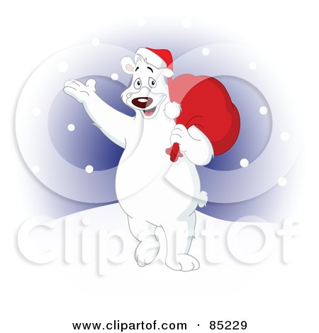 Royalty-Free (RF) Clipart Illustration of a Waving Christmas Polar Bear Carrying A Bag Over His Shoulder And Walking In The Snow by yayayoyo