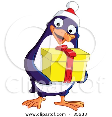 Royalty-Free (RF) Clipart Illustration of a Cute Christmas Penguin Carrying A Yellow Gift by yayayoyo