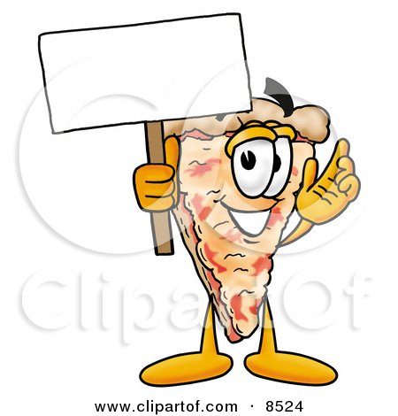 Clipart Picture of a Slice of Pizza Mascot Cartoon Character Holding a Blank Sign by Mascot Junction