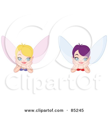 Royalty-Free (RF) Clipart Illustration of a Digital Collage Of Two Daydreaming Fairies With Pink And Blue Wings by yayayoyo