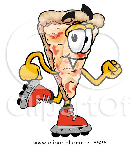 Clipart Picture of a Slice of Pizza Mascot Cartoon Character Roller Blading on Inline Skates by Mascot Junction